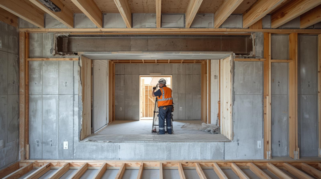 photo ultra réaliste d’un chantier de rénovation structurelle avec création d’une ouverture dans un